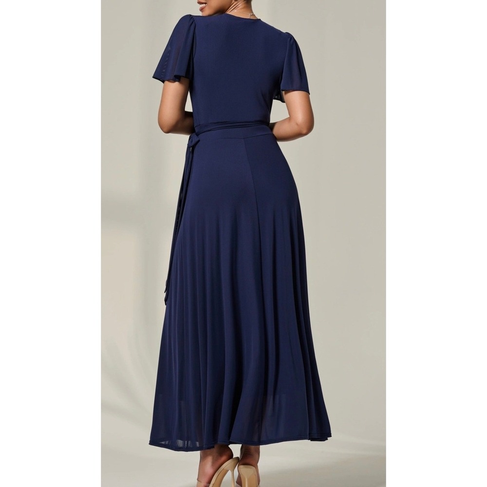 Boohoo Navy Flutter‎ Sleeve Wrap Maxi Dress Formal Evening Party Occasion Sz 8 - Picture 2 of 8